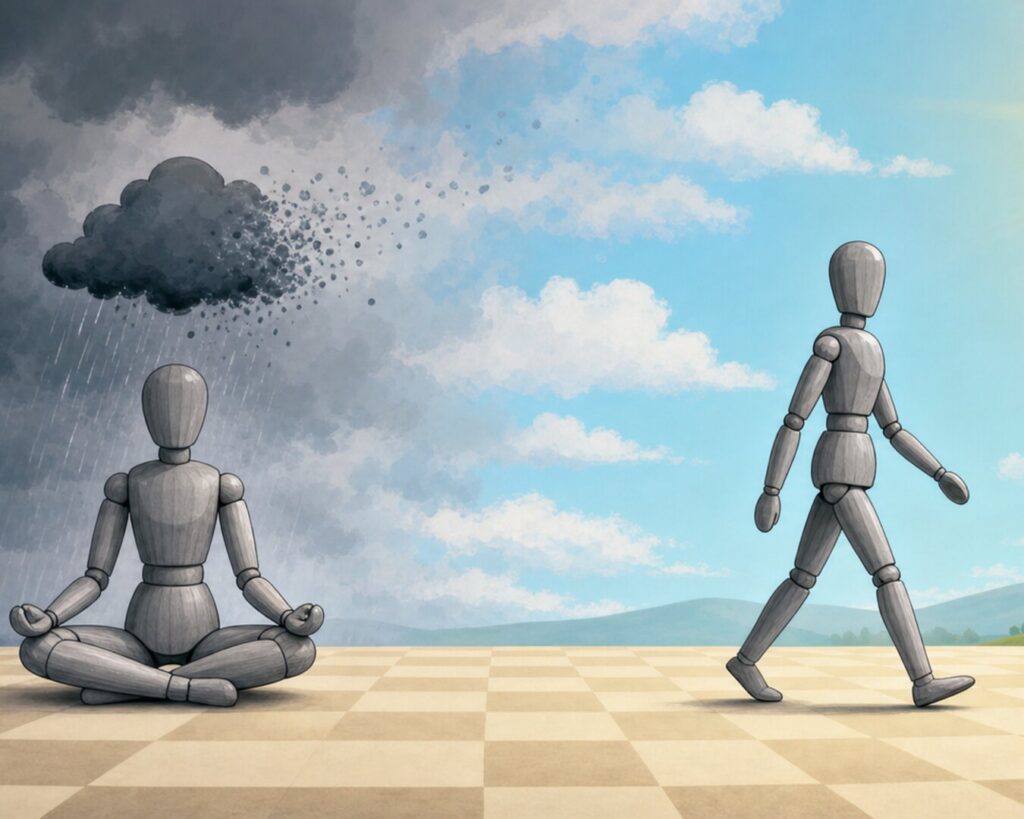Illustratsioon emotsioonide reguleerimisest: puidust mannekeen istub rahulikult, taustal tormine hall taevas muutub selgeks siniseks