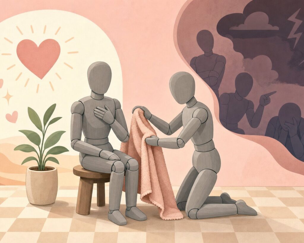 Illustratsioon enesekaastundest: puidust mannekeen hoiab käsi rinnal ja vaatab rahulikult peeglisse, soe roosa ja kreemjas taust