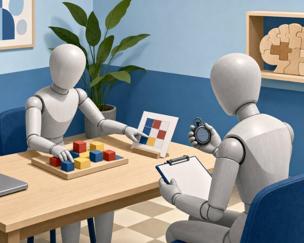 Illustratsioon neuropsühholoogilisest hindamisest: puidust mannekeen istub heleda puidust laua taga ülesandeid täites, teine mannekeen märkmelehega vastas, jahe sinine taust